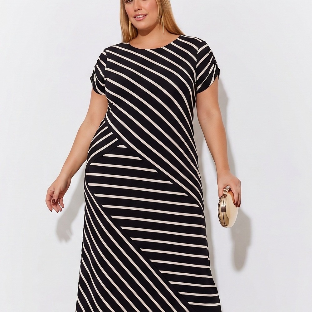 Avenue Black Cream Striped Asymmetrical Hem Cinched Sleeve Midi Sundress 18/20